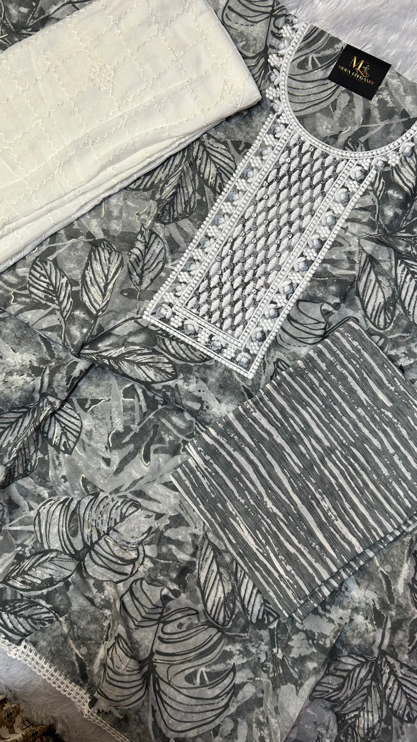 GREY COTTON SUIT WITH CHAMKI WORK