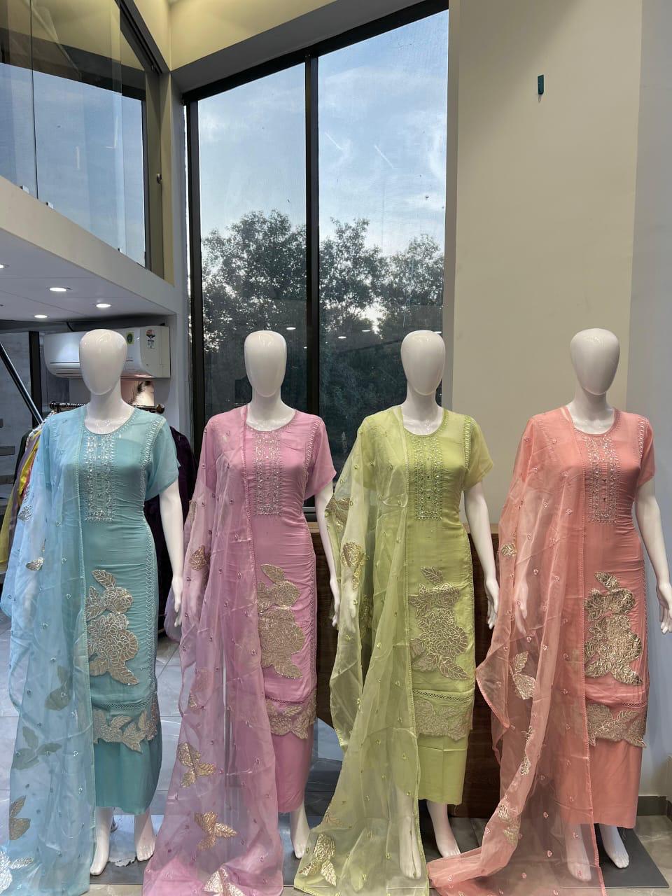 LIGHT GREEN SOFT ORGANZA SUIT WITH PATCH WORK