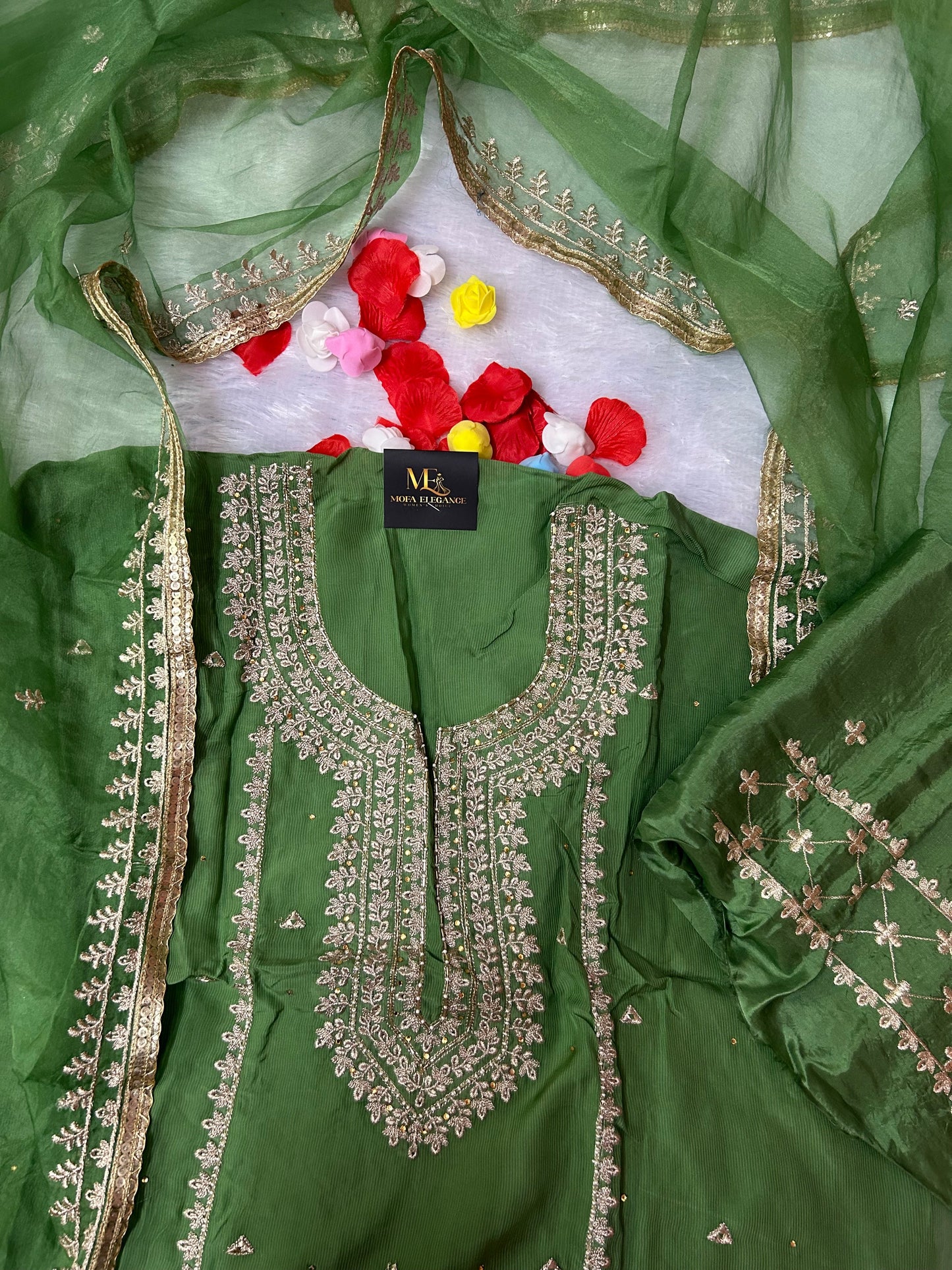 LIGHT GREEN SOFT ORGANZA SUIT WITH STONES  WORK