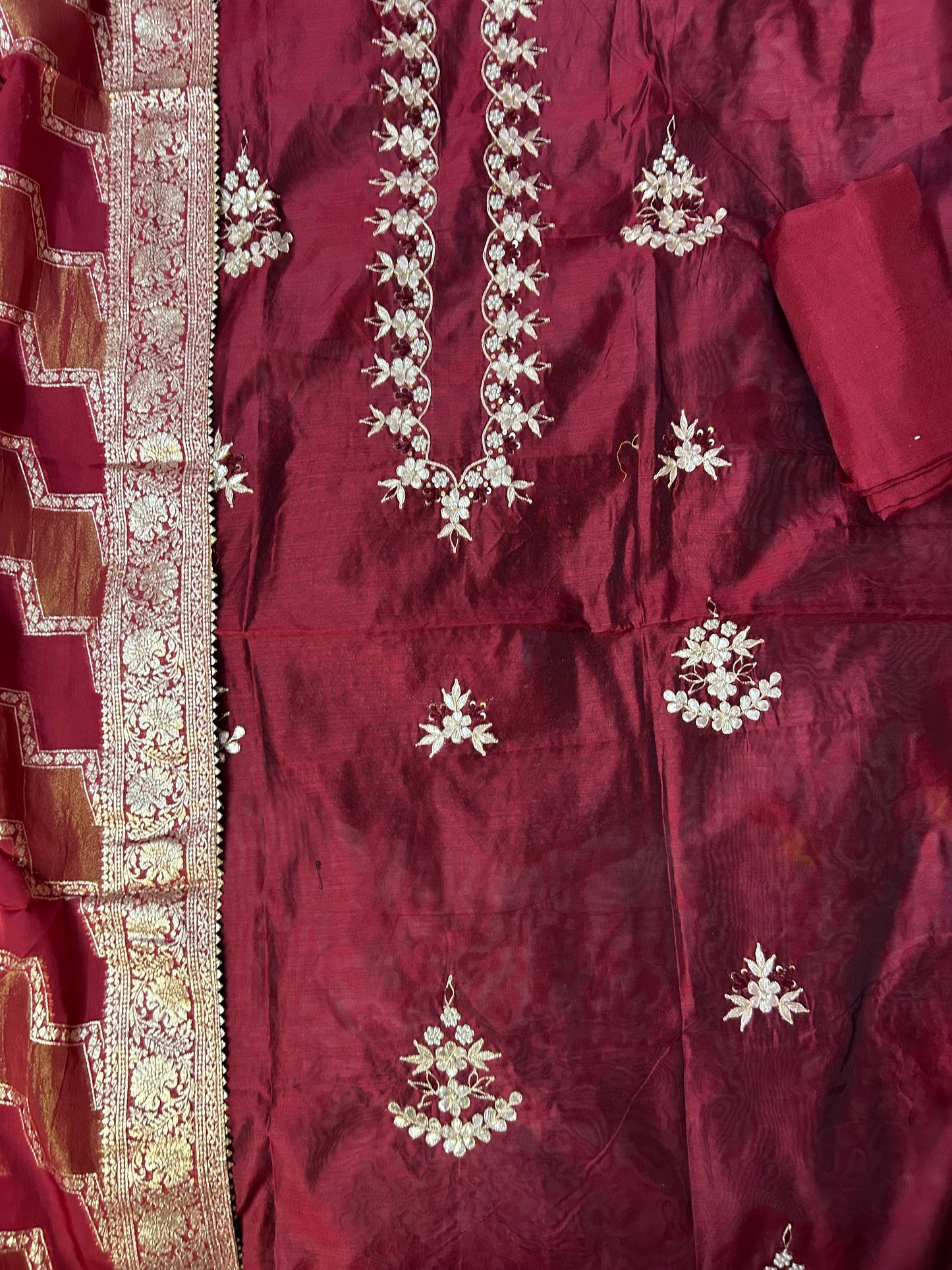 MARRON CHANDERI SILK SUIT WITH FLOWER WORK