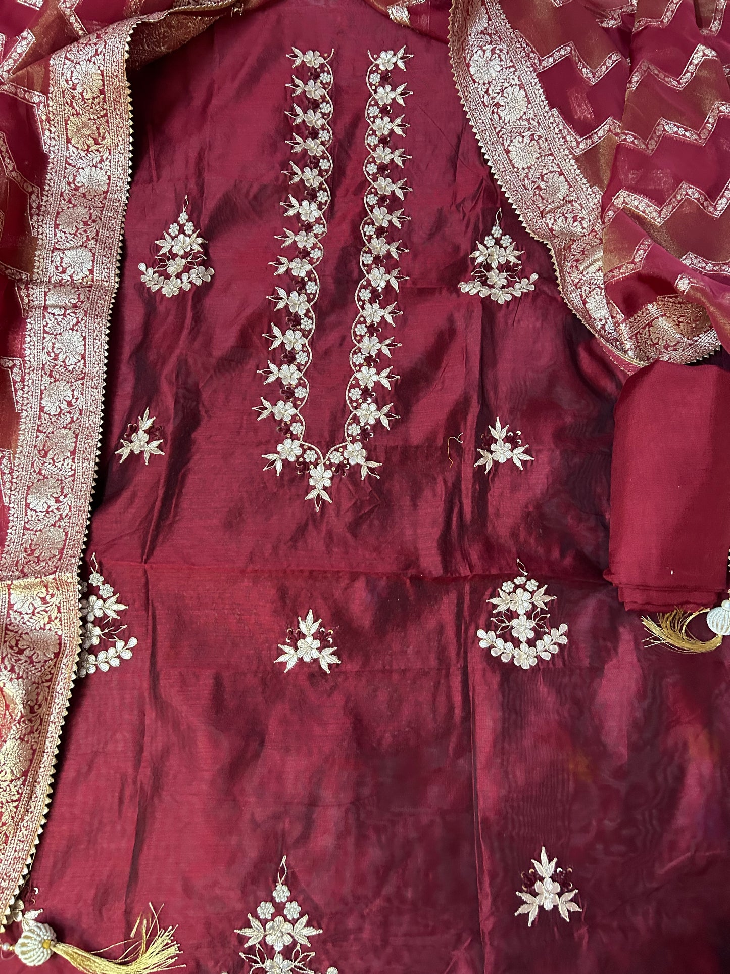 MARRON CHANDERI SILK SUIT WITH FLOWER WORK