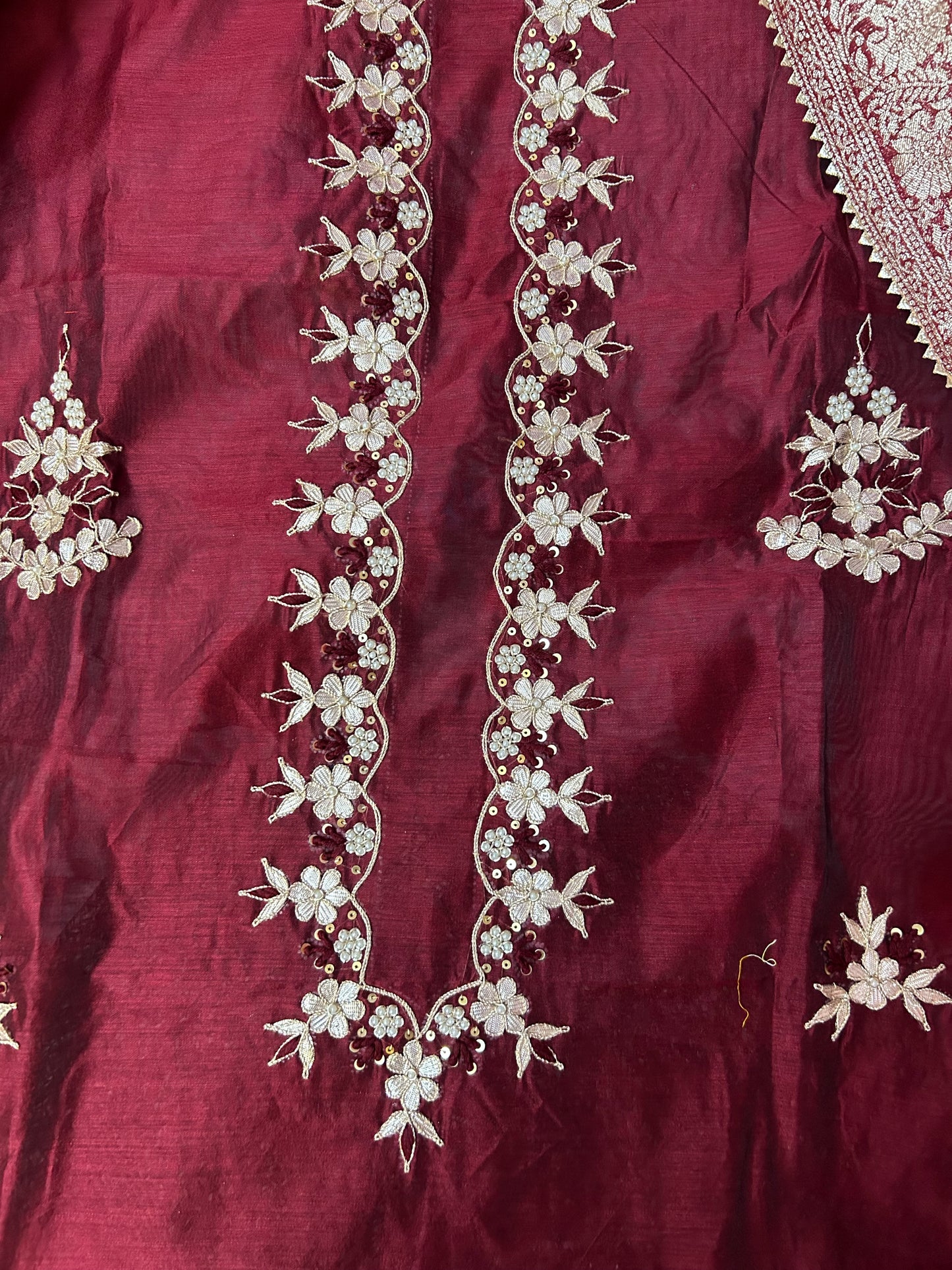 MARRON CHANDERI SILK SUIT WITH FLOWER WORK