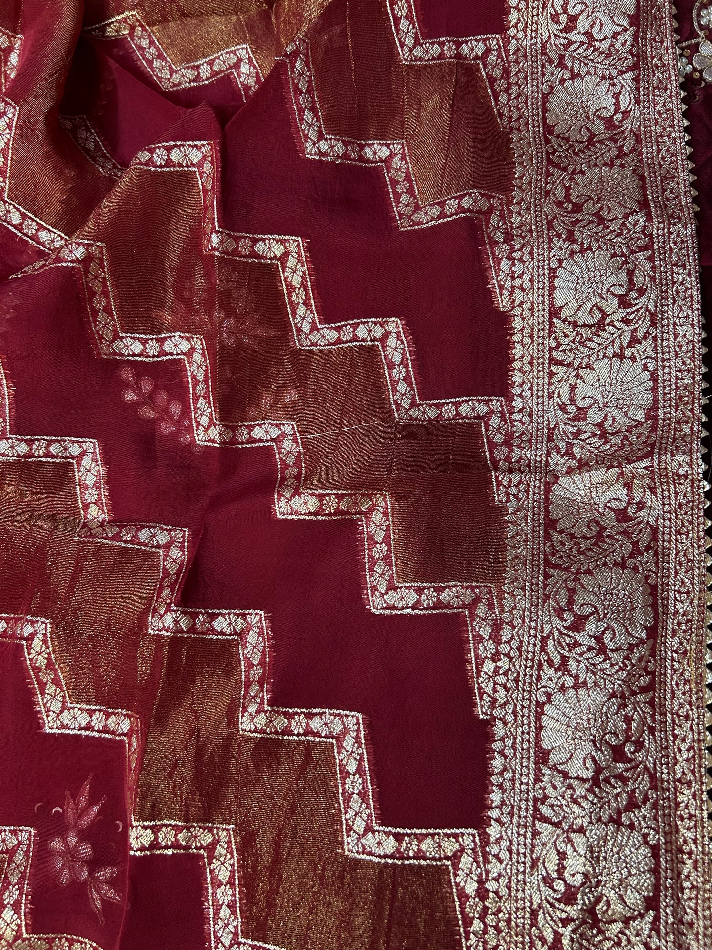 MARRON CHANDERI SILK SUIT WITH FLOWER WORK