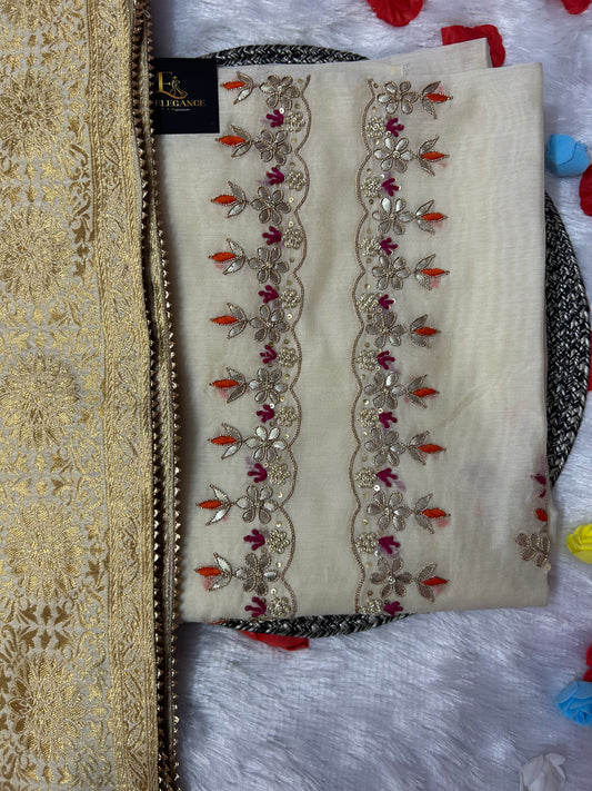 CREAM CHANDERI SILK SUIT WITH  CHAMKI WORK