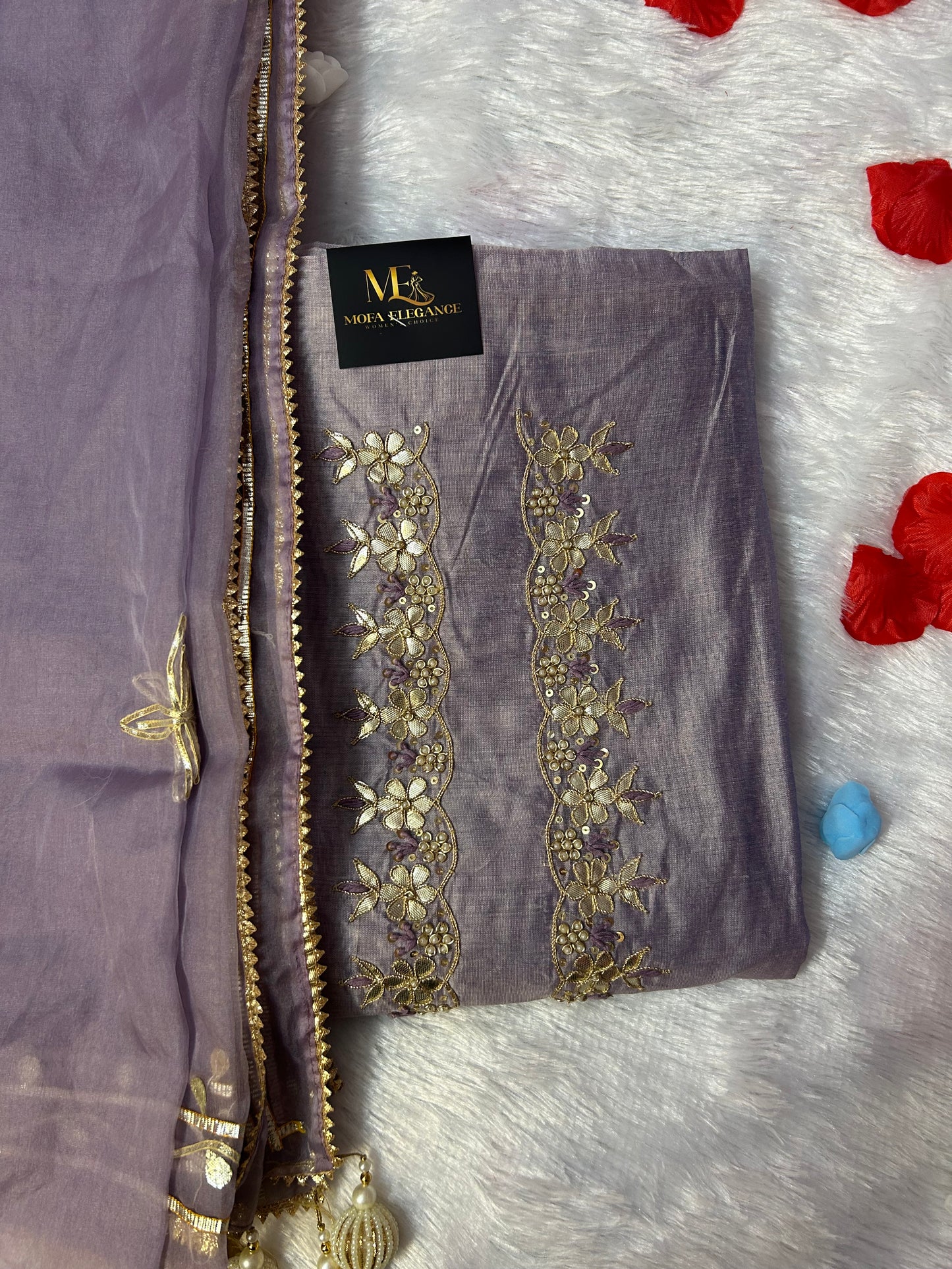PURPLE CHANDERI SILK SUIT WITH FLOWER WORK