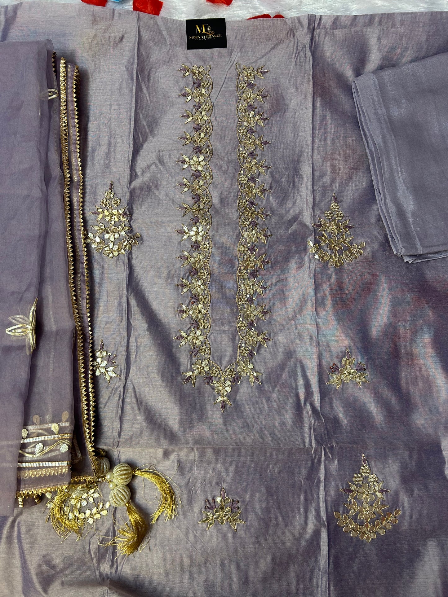 PURPLE CHANDERI SILK SUIT WITH FLOWER WORK