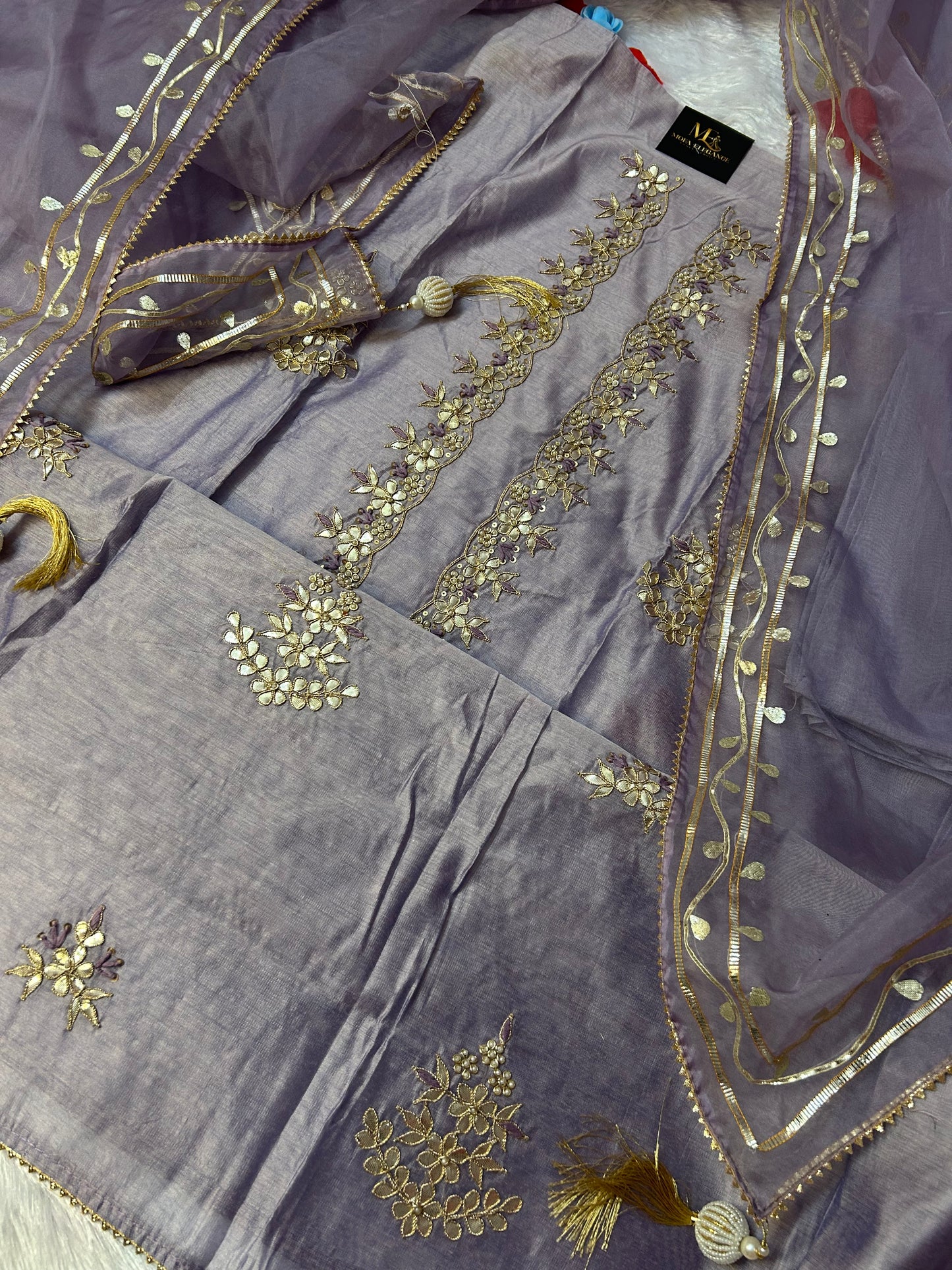 PURPLE CHANDERI SILK SUIT WITH FLOWER WORK