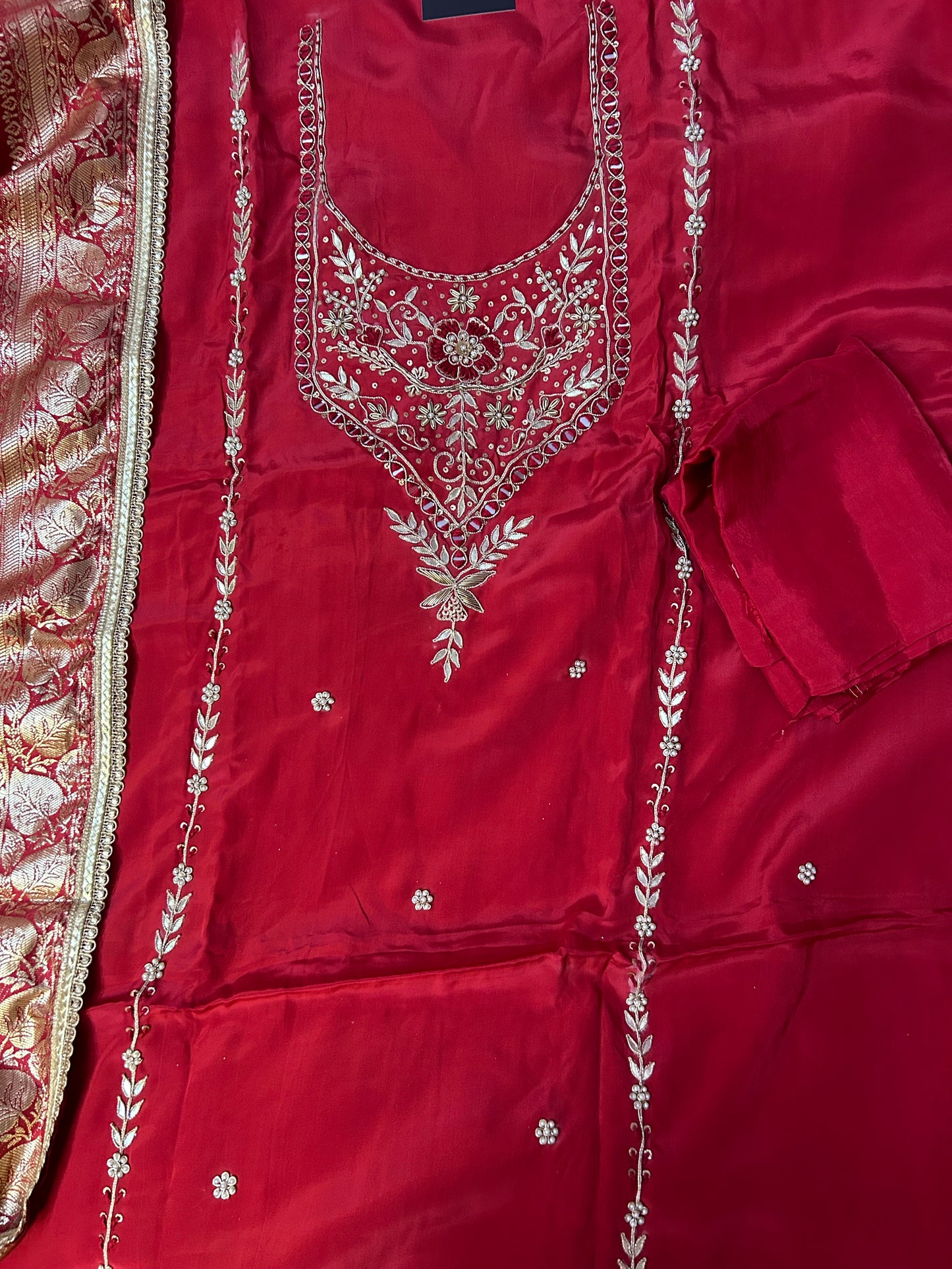 RED CHANDERI SILK SUIT WITH ZARDOZI  WORK