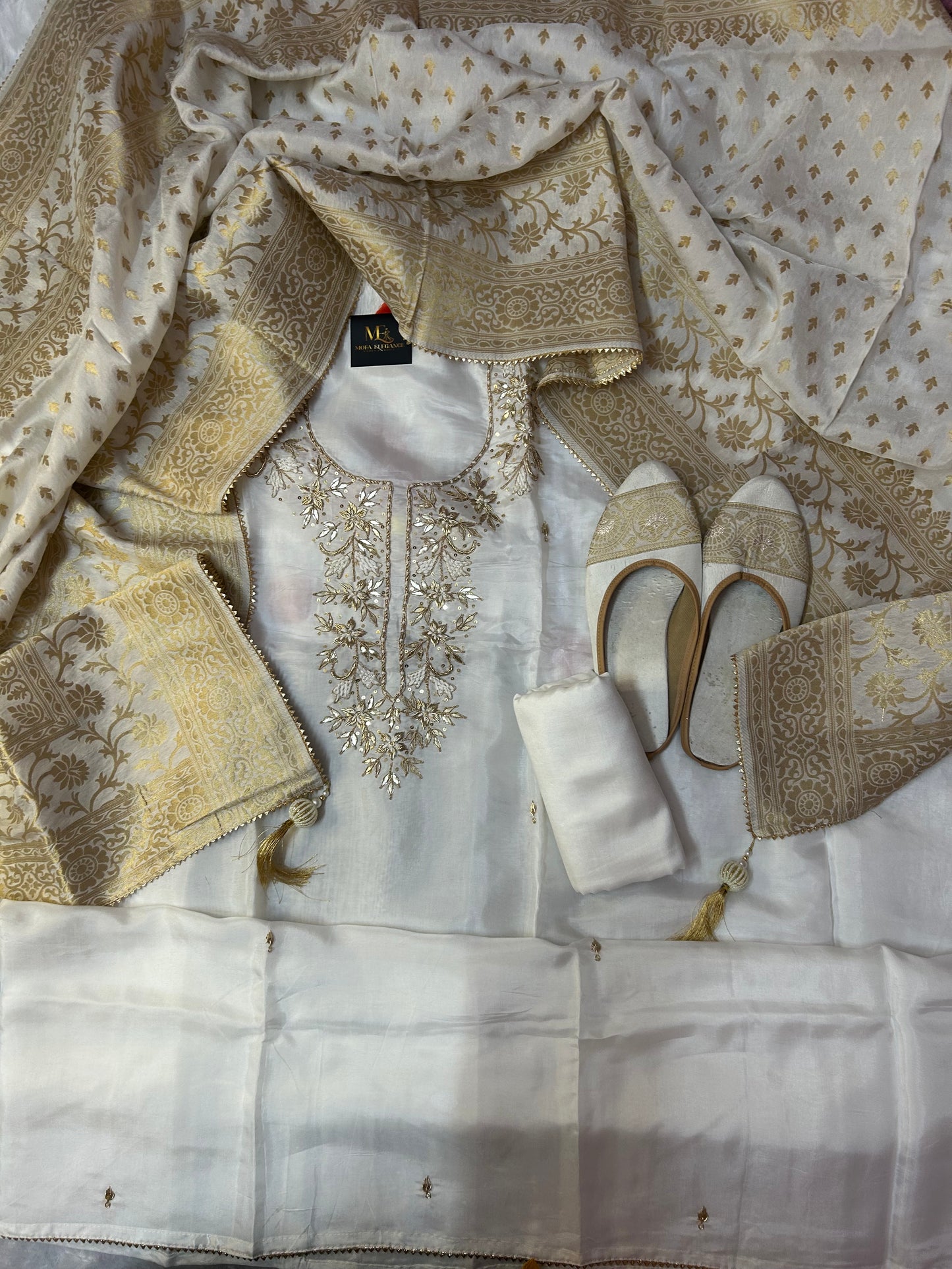 WHITE CHANDERI SILK SUIT WITH ZARDOZI  WORK