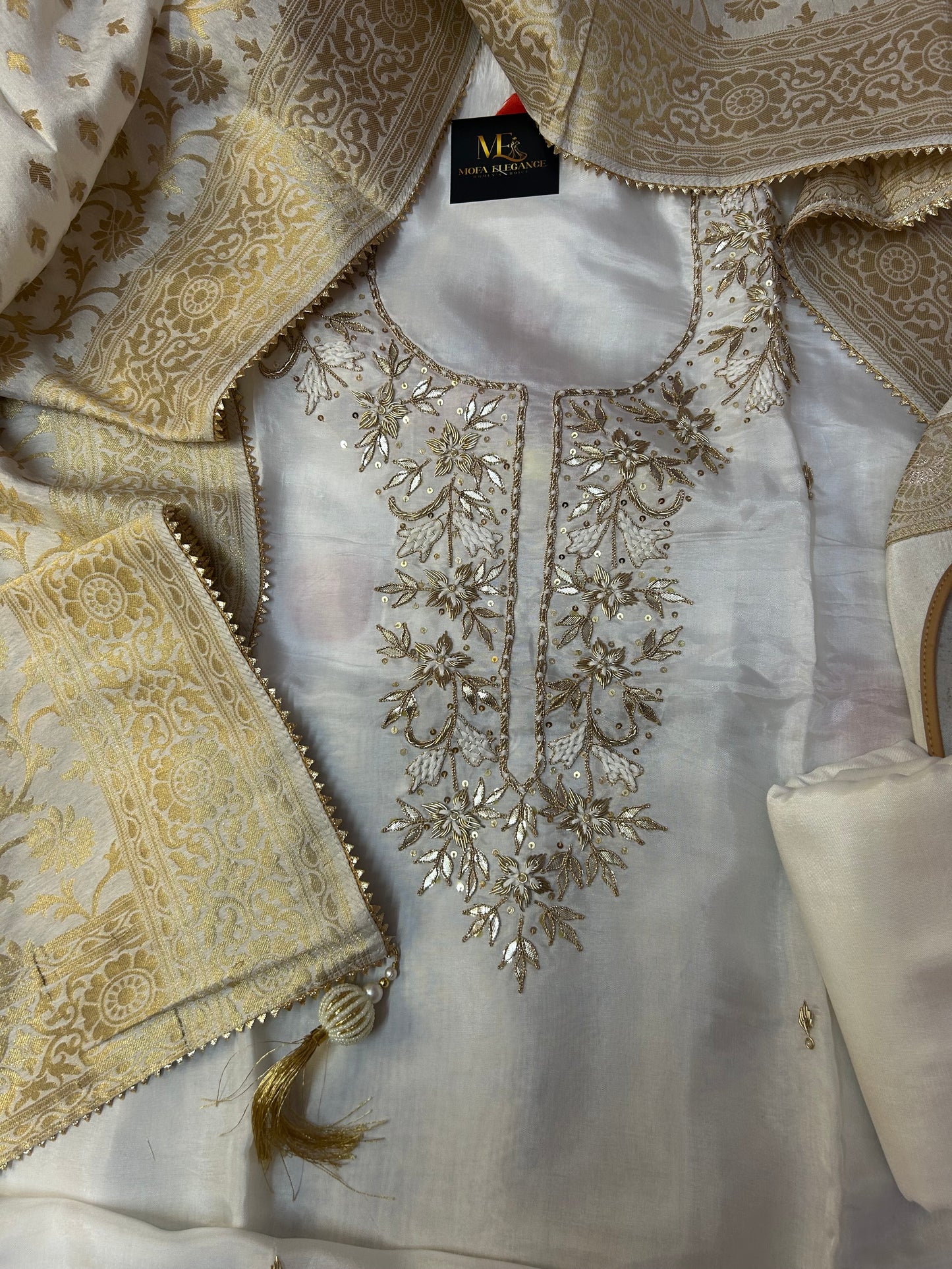 WHITE CHANDERI SILK SUIT WITH ZARDOZI  WORK