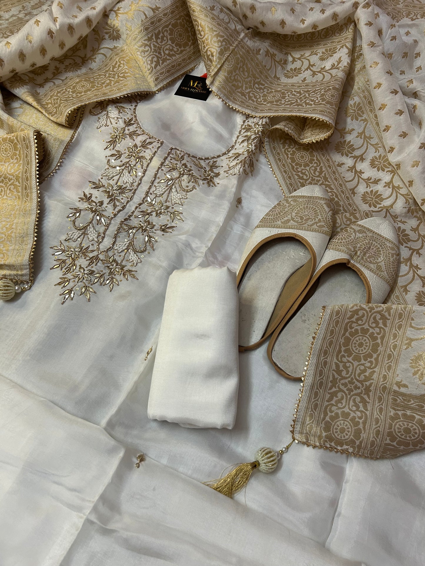WHITE CHANDERI SILK SUIT WITH ZARDOZI  WORK