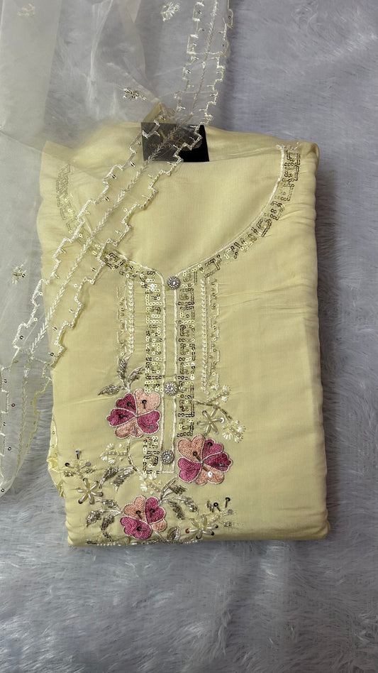 YELLOW SOFT ORGANZA SUIT WITH EMBROIDERY AND BEATS WORK