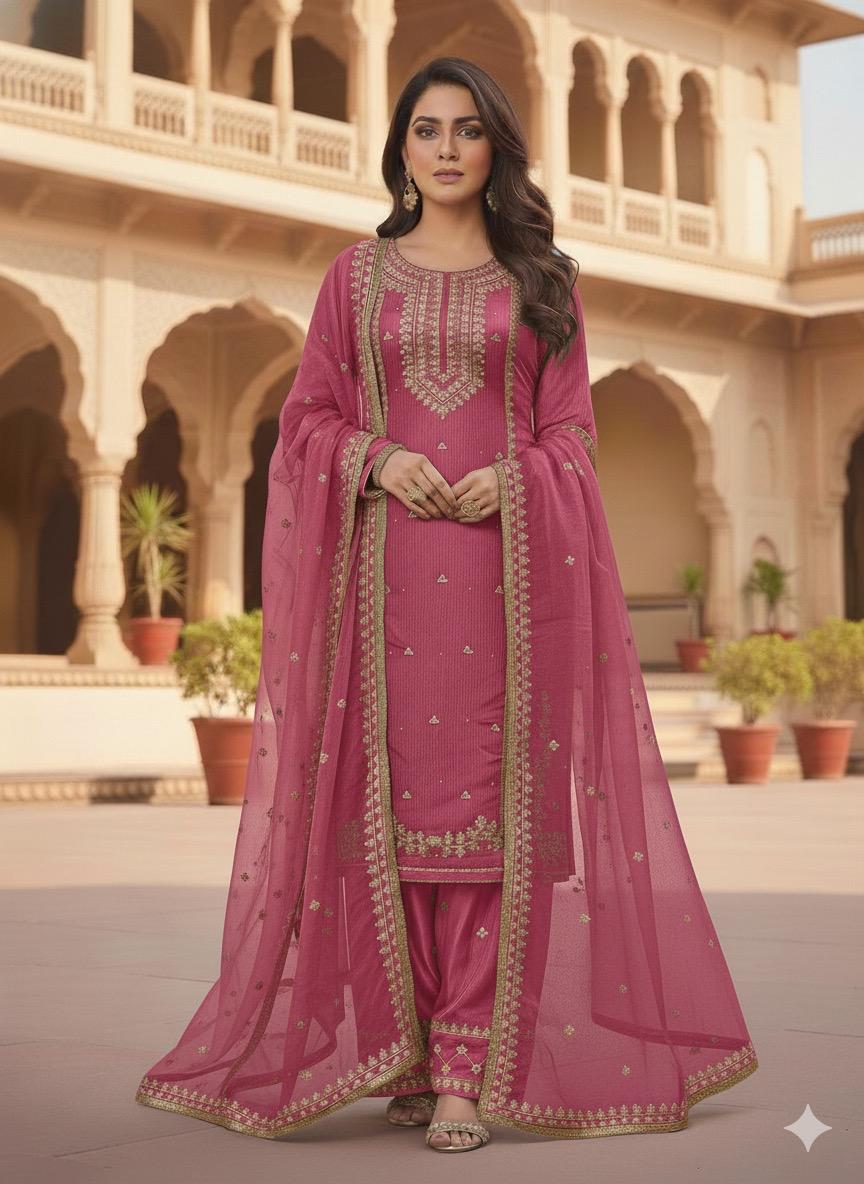 PINK SOFT ORGANZA SUIT WITH STONES AND WORK