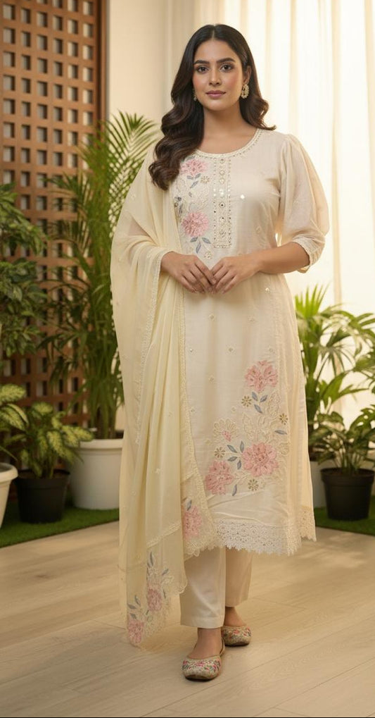 YELLOW SOFT ORGANZA SUIT WITH MIRROR AND THREAD WORK