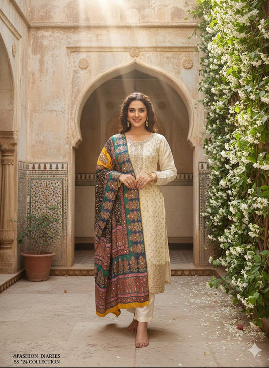 CREAM GLASS ORGANZA SUIT WITH CHAMKI WORK