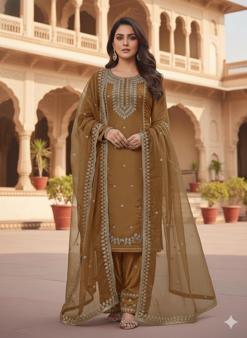 BROWN SOFT ORGANZA SUIT WITH STONES  WORK