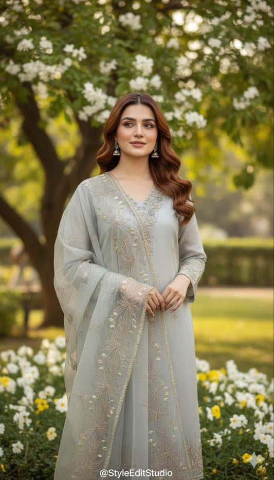 GREY ORGANZA SUIT WITH ZARDOZI WORK