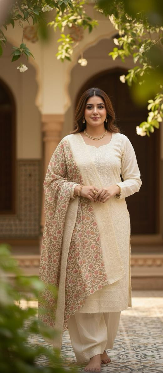 CREAM COTTON SUIT WITH EMBROIDERY THREAD