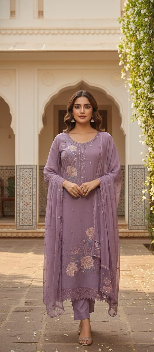 PURPLE SOFT ORGANZA SUIT WITH MIRROR WORK