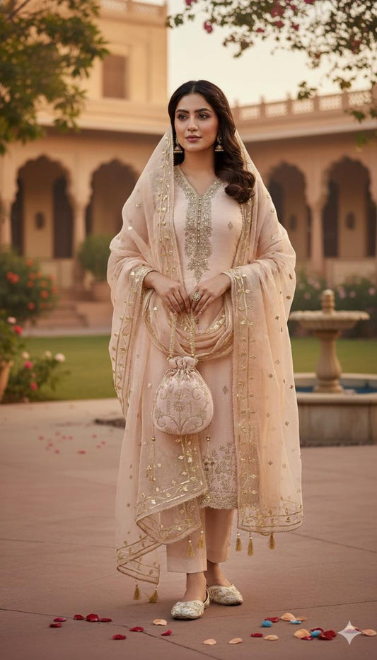 LIGHT PEACH CHANDERI SILK SUIT