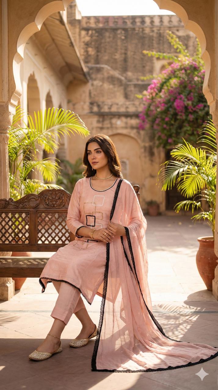 PEACH SOFT ORGANZA SUIT WITH CUTDANA WORK