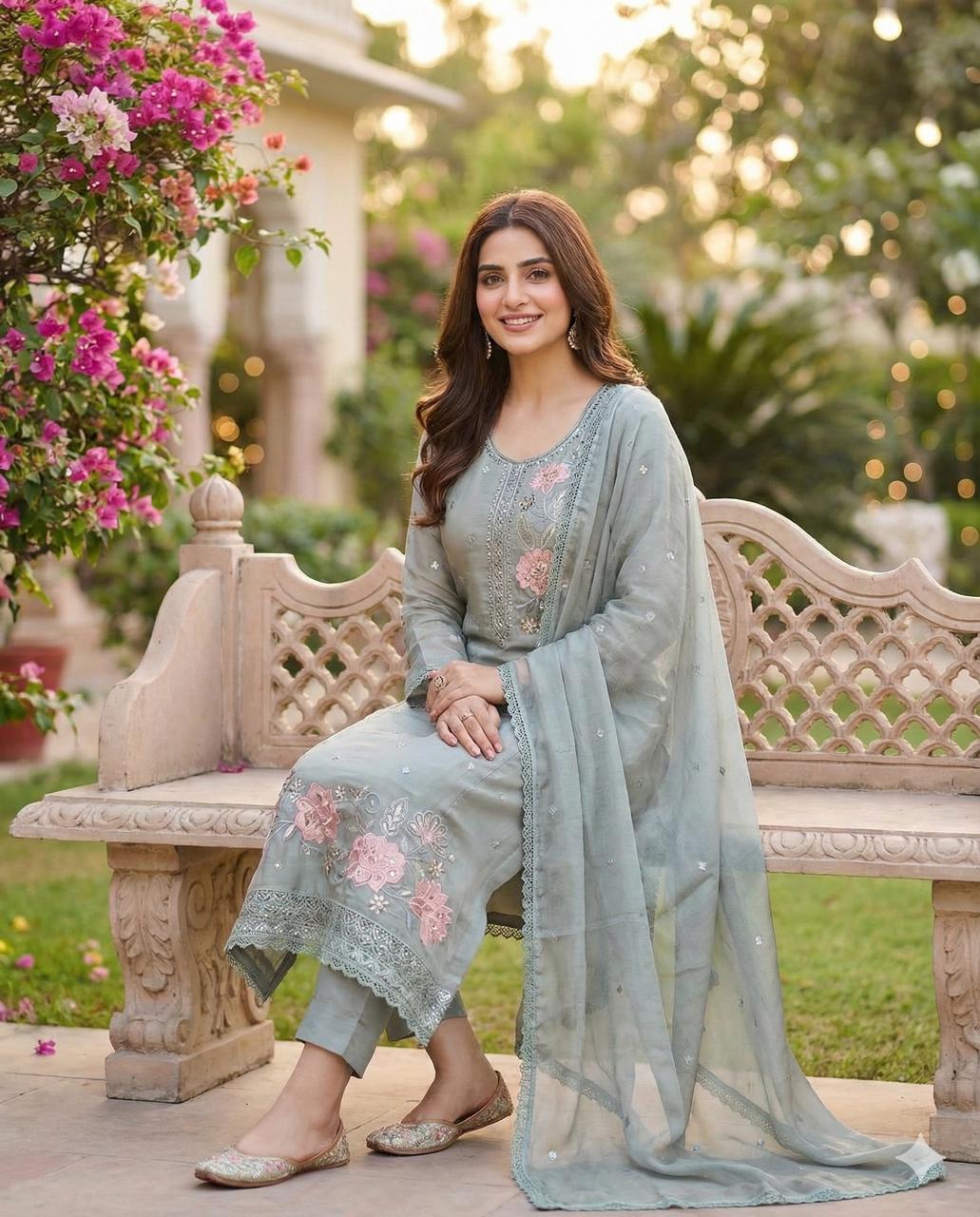 LIGHT GREEN SOFT ORGANZA SUIT WITH THREAD WORK