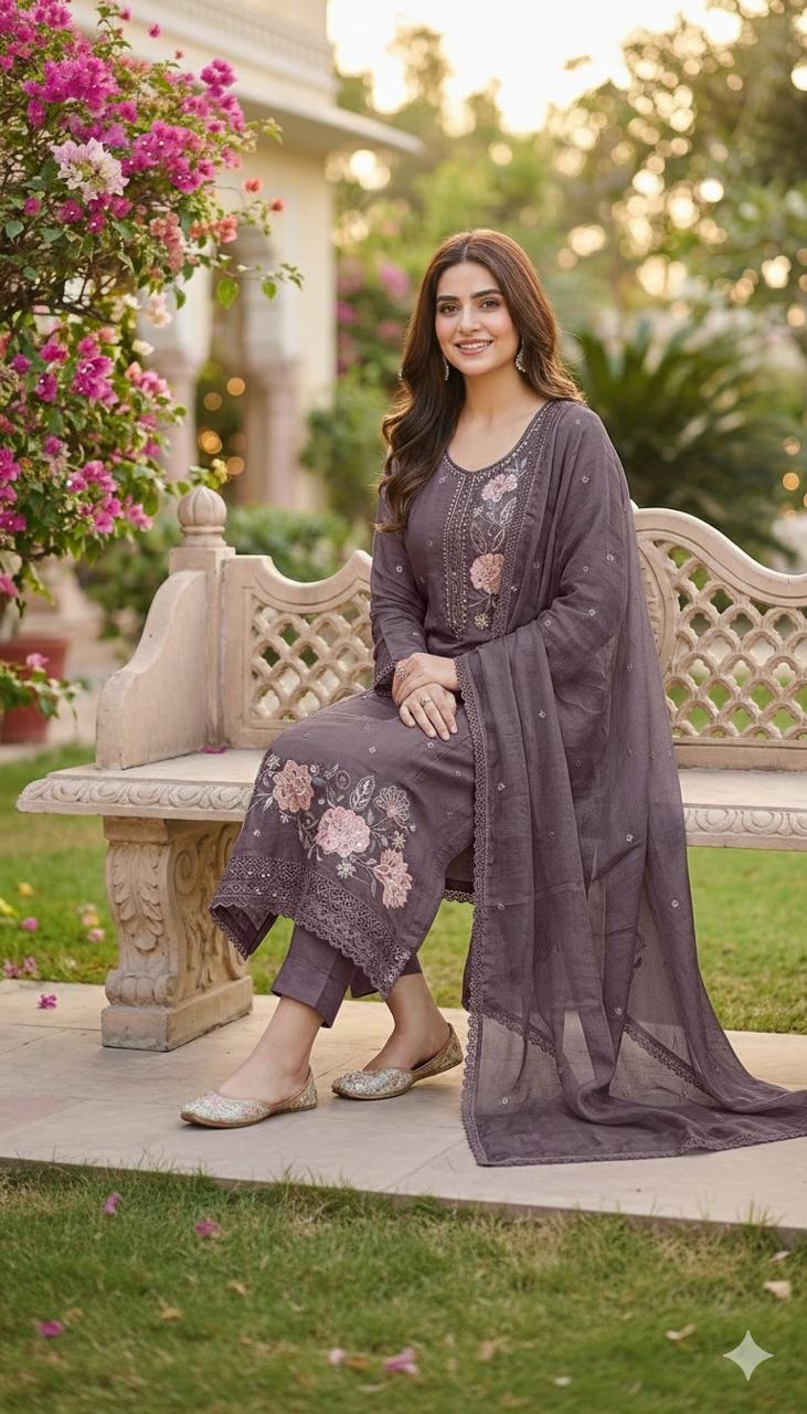 BROWN SOFT ORGANZA SUIT WITH MIRROR WORK