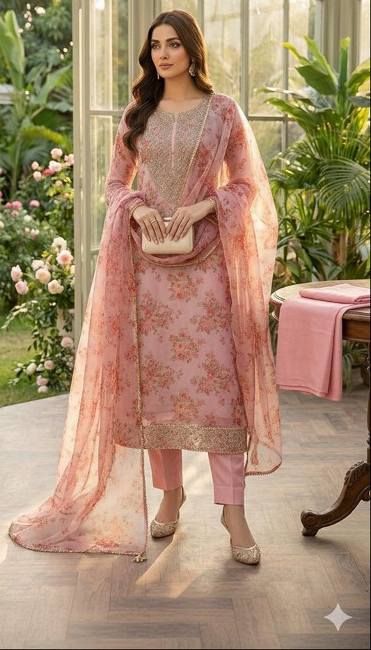 PEACH ORGANZA SUIT WITH CUTDANA AND THREAD WORK