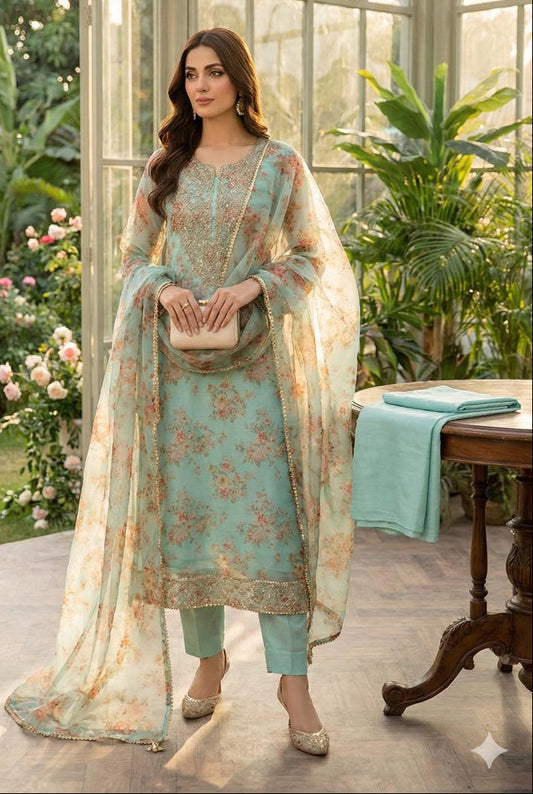 SKYBLUE ORGANZA SUIT WITH CUTDANA WORK