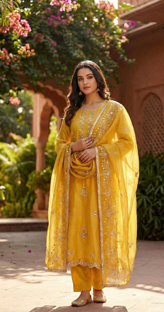 YELLOW CHANDERI SILK SUIT WITH FLOWER AND CHAMKI WORK