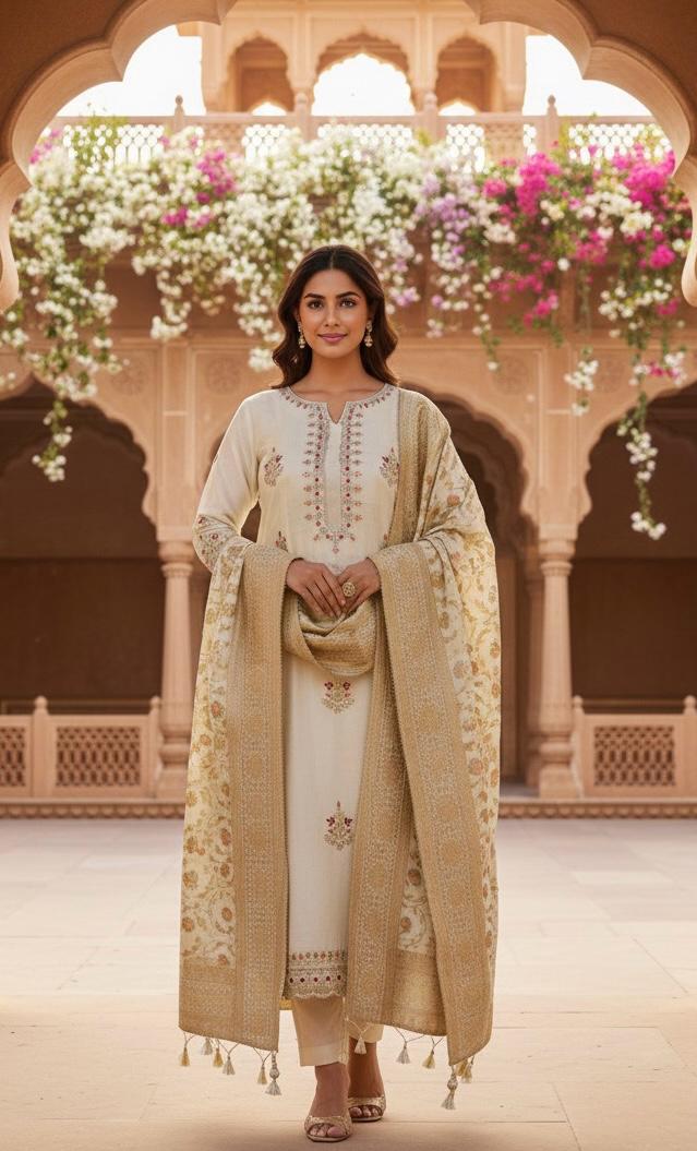 CREAM CHANDERI SILK SUIT WITH  CHAMKI WORK