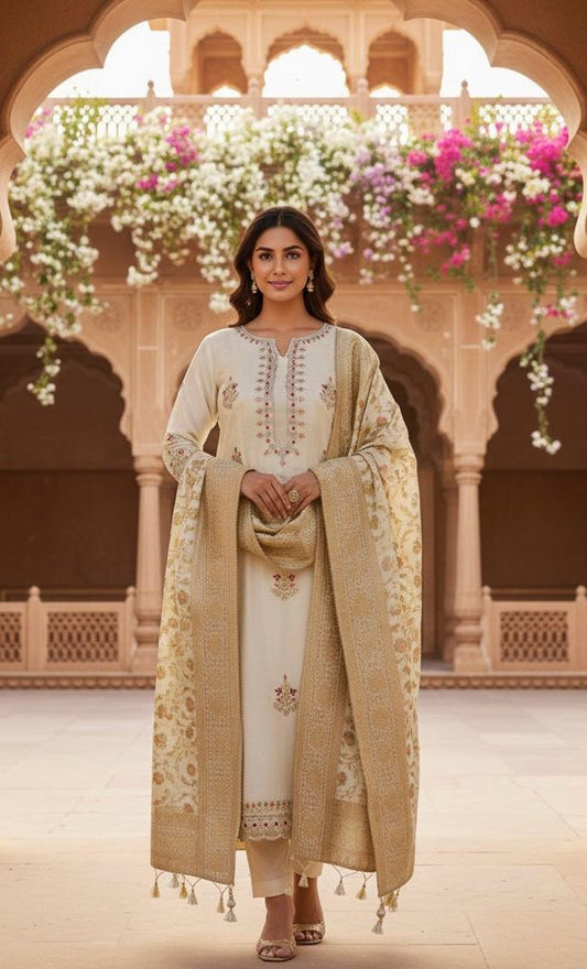 CREAM CHANDERI SILK SUIT WITH  CHAMKI WORK