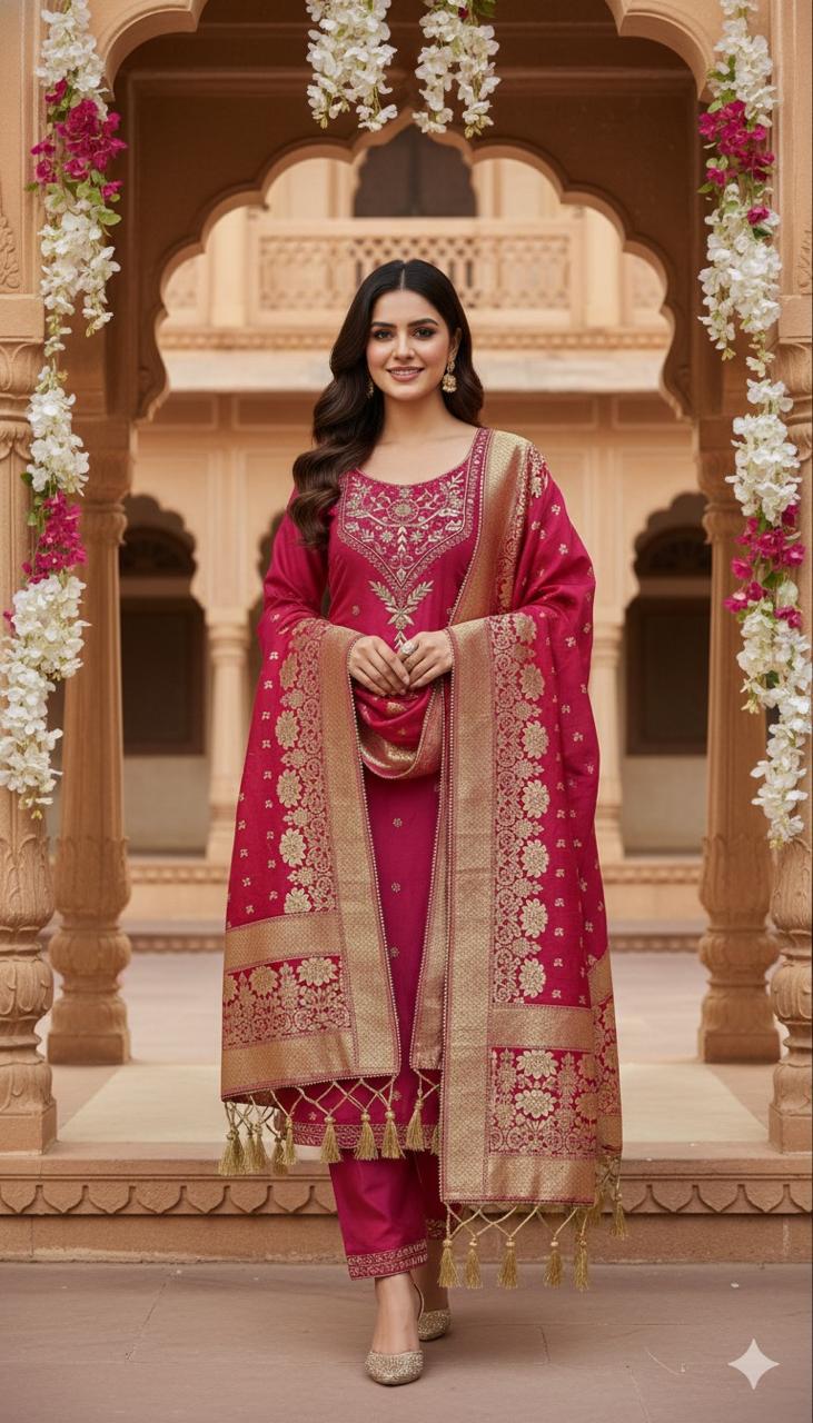 DARK PINK SILK SUIT WITH ZARDOZI