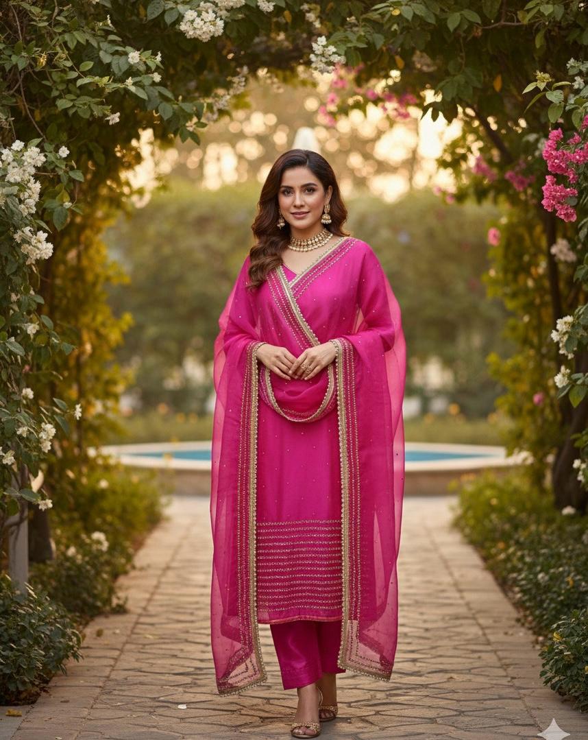 PINK GLASS ORGANZA SUIT WITH CUTDANA WORK