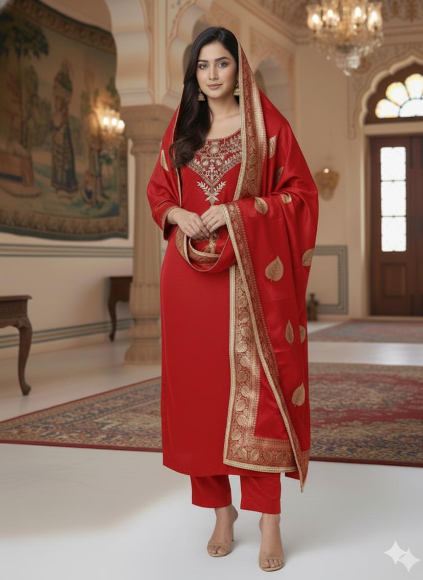 RED CHANDERI SILK SUIT WITH ZARDOZI  WORK