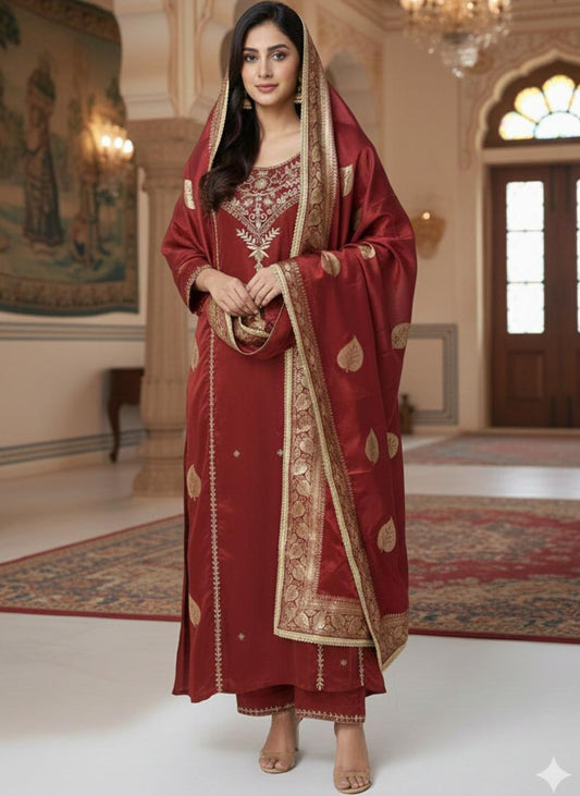 MAROON CHANDERI SILK SUIT WITH ZARDOZI WORK