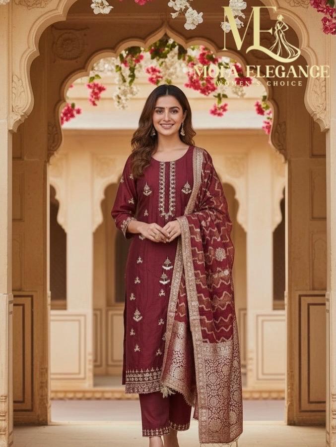 MARRON CHANDERI SILK SUIT WITH FLOWER WORK